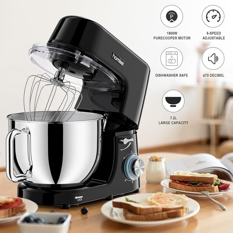 Homlee Konyhai Robotgép 1800W - 7,2L Rozsdamentes Acél Tállal, 6 Sebességfokozat, Alacsony Zajszint, Dagasztógép Habverővel és Tésztakampóva