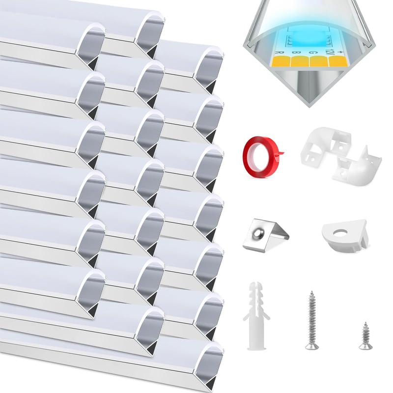 Hliníkový LED profil HOMMAND v tvare V 20 x 1 m, kanálik pre LED pásik s difúzorom, rohovou spojkou, koncovkami a montážnymi príchytkami