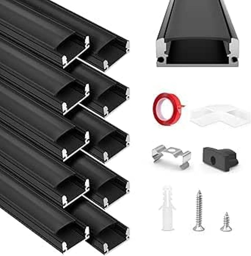 HOMMAND U-alakú LED Alumínium Profil 10m - Fekete LED Csatorna Diffúzorral, Sarokcsatlakozókkal és Rögzítőelemekkel, Beltéri LED Szalag Védő