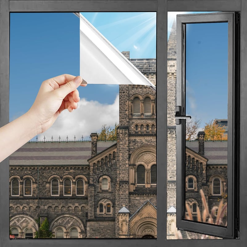 HOMTOL Tükörfólia Ablakra 100x200 cm, Nappali és Éjszakai Látásvédelmi Fólia, UV és Hővédelem, Ezüst Ablakfilm Magánszféra Védelemre, Irodáb
