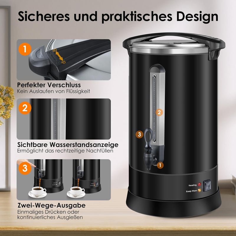 Homtone 18L Rozsdamentes Kávéfőző 120 Csészéhez, 1500W Professzionális Szűrős Kávégép