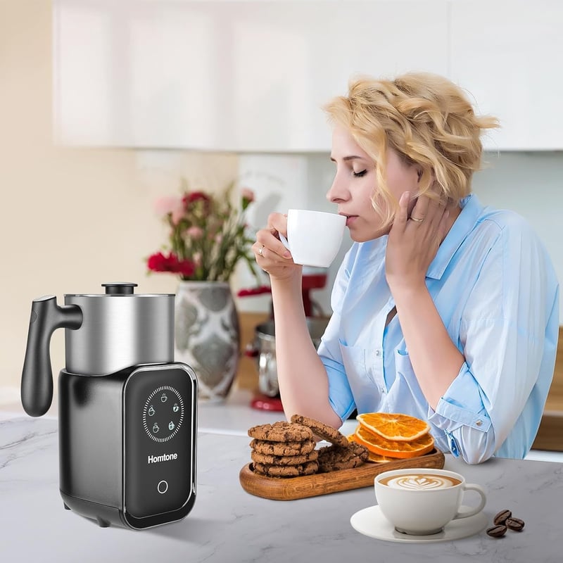 Homtone Elektromos Tejhabosító 5-az-1-ben, Automata Indukciós Tejhab Készítő 600ml Rozsdamentes Acél Tartállyal Hideg Meleg Hab