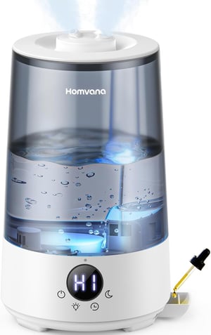 Umidificator cu încărcare superioară Homvana de 3,6 L, cu abur rece pentru ameliorarea secrețiilor nazale și a tusei, 16 dB, 34 de ore de funcționare, pentru plante, cu tăviță pentru aromaterapie în 7 culori, fără BPA