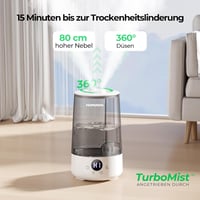 Homvana 3.6L hordozható párásító 360° hideg pára 34 órás működés csendes szürke 2