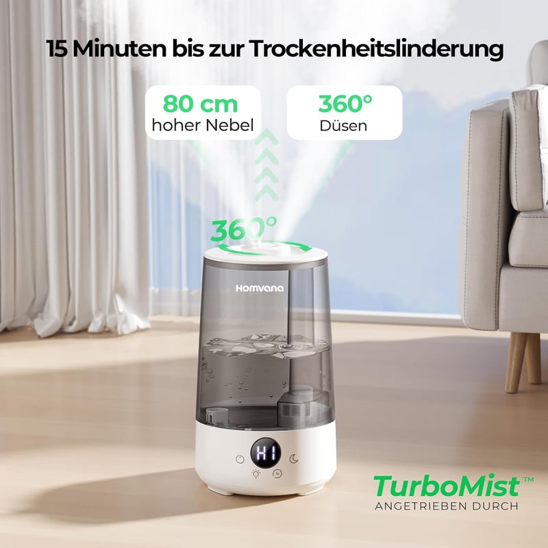 Homvana 3.6L hordozható párásító 360° hideg pára 34 órás működés csendes szürke