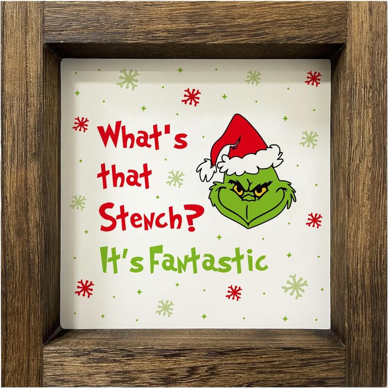 Homythe Grincs Karácsonyi Fa Dekoráció - Fakeretbe Foglalt Ünnepi Falikép, Asztali Dísz Téli Otthoni Dekorációhoz, 15 x 15 cm