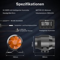 Hon&Guan 100mm csatornaventilátor hőmérséklet-páratartalom szabályozóval 5