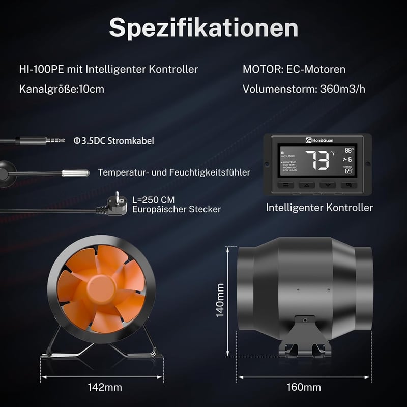 Hon&Guan 100mm csatornaventilátor hőmérséklet-páratartalom szabályozóval