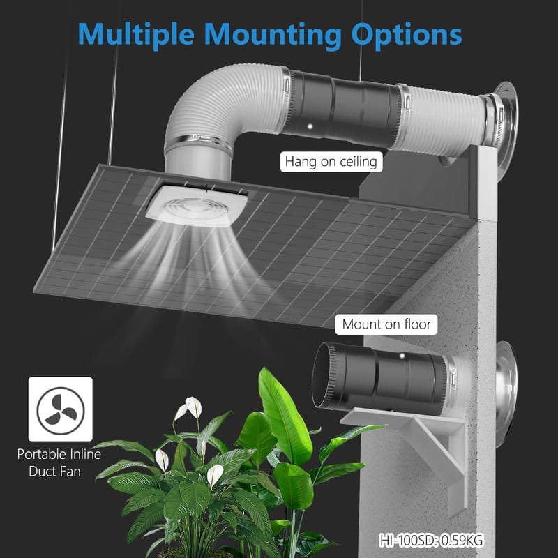 Hon&Guan 100mm Csőventillátor 221 m³/h Szabályozható Elszívó Ventilátor Üvegház Growbox Konyha Garázs Fekete
