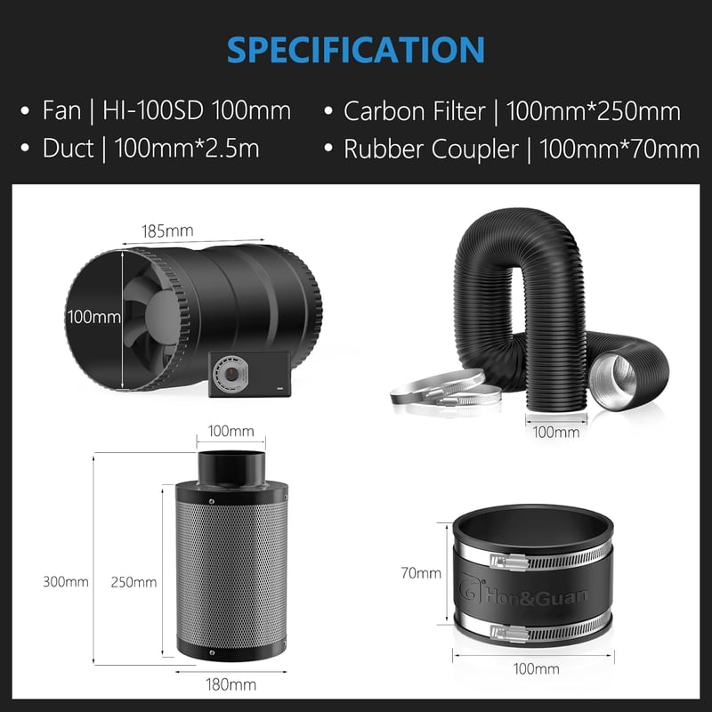 Hon&Guan 100mm szellőzőkészlet 221 m³/h sebességszabályzóval és szénszűrővel