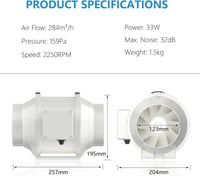 Hon&Guan 125mm Állítható Csőventilátor, 284m³/h Légáramlással, Sebességszabályzóval - Szürke Elszívó Ventilátor Növénysátorhoz, Pincéhez, Ko 2