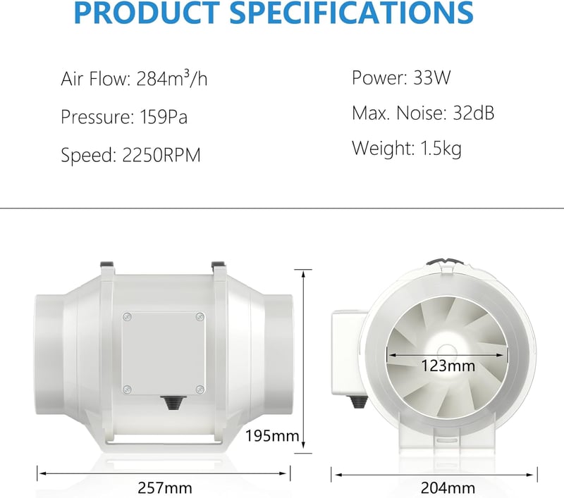 Hon&Guan 125mm Állítható Csőventilátor, 284m³/h Légáramlással, Sebességszabályzóval - Szürke Elszívó Ventilátor Növénysátorhoz, Pincéhez, Ko