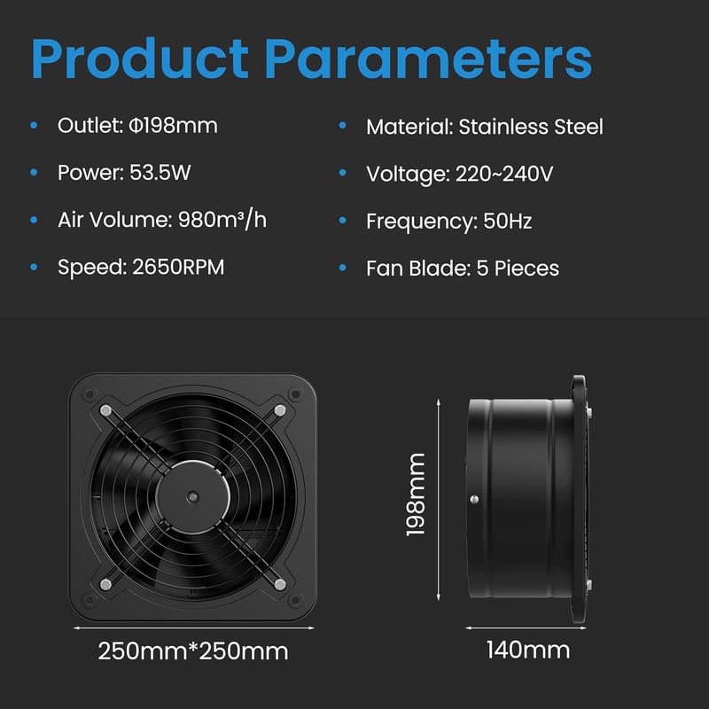 Hon&Guan 200mm ipari ventilátor sebességszabályzóval, csendes fém fürdőszobai ventilátor visszacsapó szeleppel