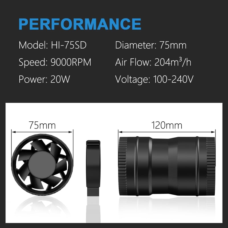 Hon&Guan 75mm csatornaventilátor 204 m³/h dugóval, konyha, fürdő, pince