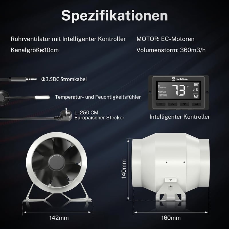 Hon&Guan HI-PE 100mm Csatornás Ventilátor Intelligens Vezérlővel, 360m³/h