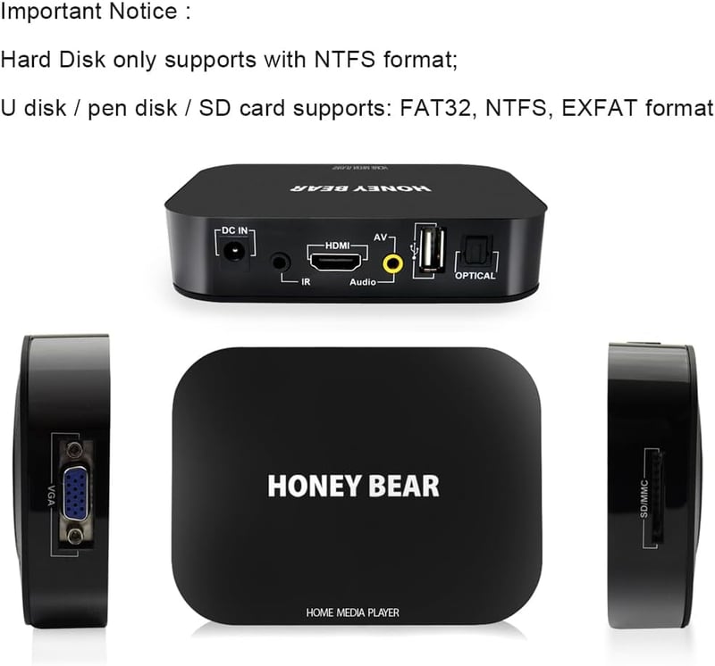 HONEY BEAR Full HD 1080P médialejátszó TV box 2TB külső merevlemezhez HDMI USB
