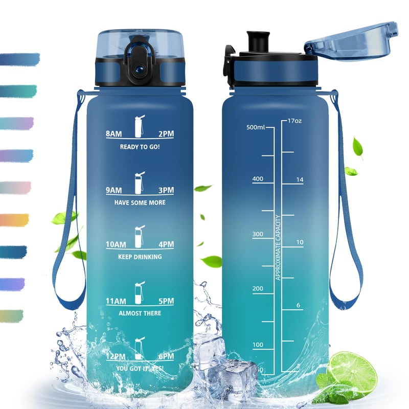 Bidon sport HoneyHolly 500 ml cu marcaj de timp și filtru, sticlă de apă etanșă, fără BPA, pentru sport, fitness, yoga, școală, I