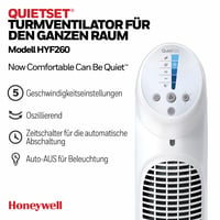 Ventilator turn oscilant Honeywell HYF260E4 QuietSet cu telecomandă, 5 viteze, oscilație 80°, temporizator, alb 2