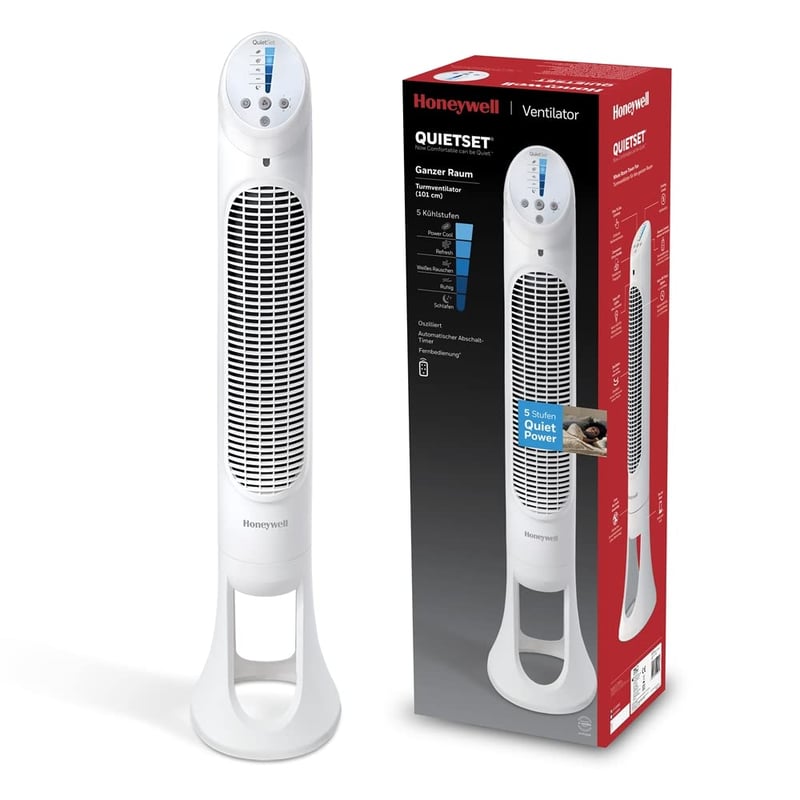 Ventilator turn oscilant Honeywell HYF260E4 QuietSet cu telecomandă, 5 viteze, oscilație 80°, temporizator, alb