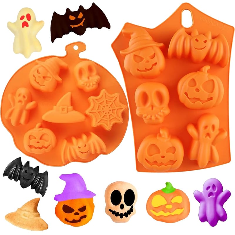 Set forme de copt din silicon HONGECB pentru Halloween – forme pentru biscuiți cu modele de dovleac, craniu și fantomă, set de 2 bucăți