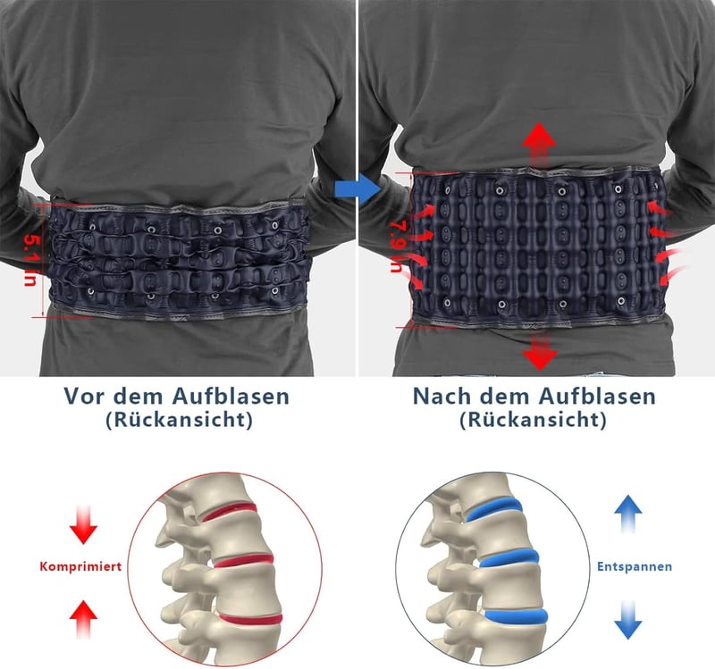 HONGJING Deréktámasztó Felfújható Öv Derékfájdalom Enyhítésére - Állítható Gerincnyújtó Heveder 74-124 cm Derékbőséghez, Porckorongsérvhez - blue