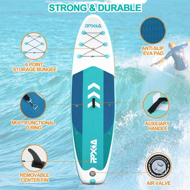 Hongmeida SUP Board Felfújható Paddleboard Szett 320x84x15cm Mentazöld - Stabil Széles Állódeszka 200kg Teherbírással, Komplett Kiegészítőkk - Mint green, 320 cm
