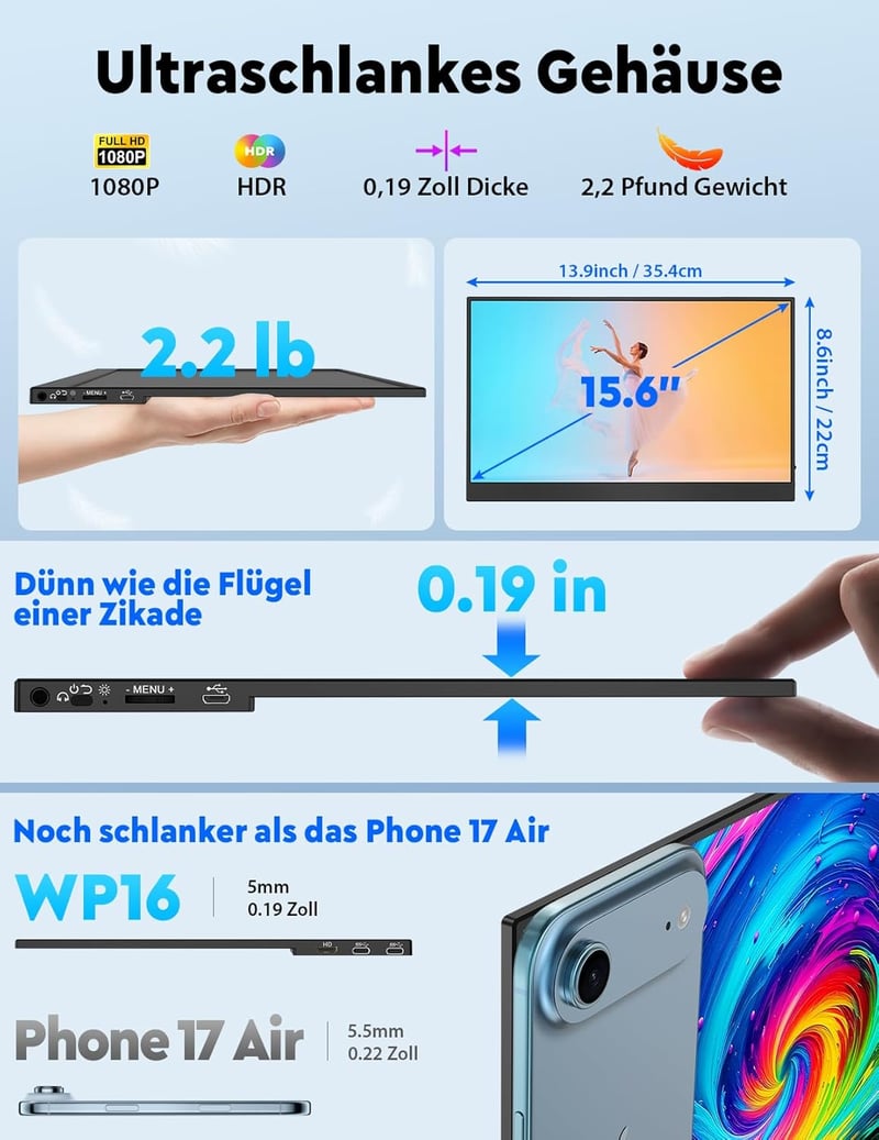 HONGO 15.6" 1080P FHD hordozható monitor USB-C, IPS kijelző, két hangszóró, laptop/PC/Mac/PS5 kompatibilis