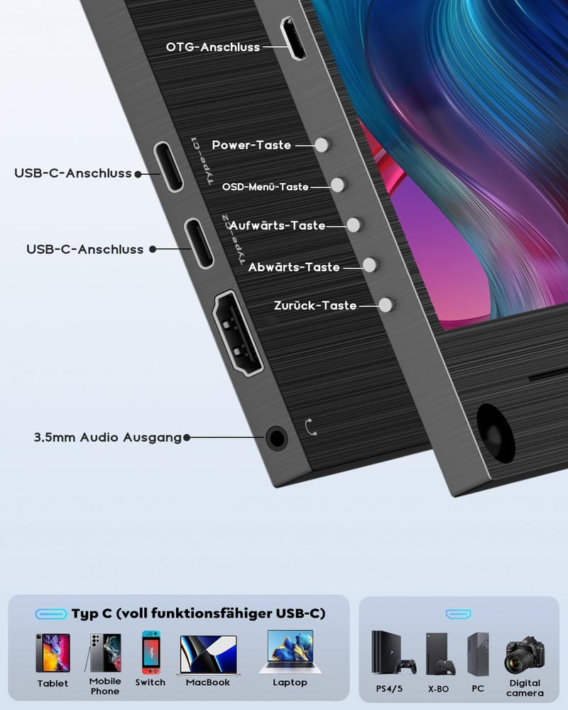 HONGO 15,6" Hordozható 4K Monitor - 3840x2160 IPS Kijelző, 100% sRGB, Beépített Hangszórók, Laptop/PC/Mac/PS5 Kompatibilis, Védőtokkal
