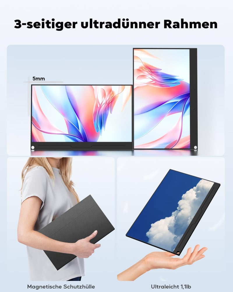 HONGO 15,6" Hordozható 4K Monitor - 3840x2160 IPS Kijelző, 100% sRGB, Beépített Hangszórók, Laptop/PC/Mac/PS5 Kompatibilis, Védőtokkal