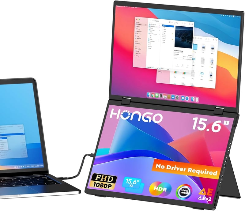 HONGO Hármas Hordozható Monitor 15.6" FHD IPS 360° Összehajtható Kijelző Dupla Hangszóróval - Laptop/PC/Mac/PS4/PS5 Kompatibilis Bővítőképer