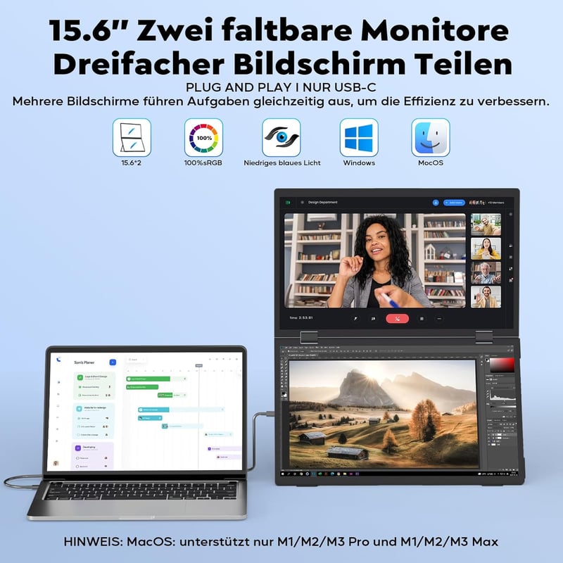 HONGO Hármas Hordozható Monitor 15.6" FHD IPS 360° Összehajtható Kijelző Dupla Hangszóróval - Laptop/PC/Mac/PS4/PS5 Kompatibilis Bővítőképer
