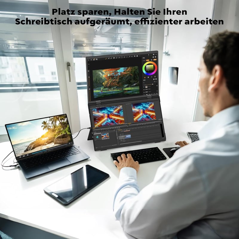 HONGO Hármas Hordozható Monitor 15.6" FHD IPS 360° Összehajtható Kijelző Dupla Hangszóróval - Laptop/PC/Mac/PS4/PS5 Kompatibilis Bővítőképer