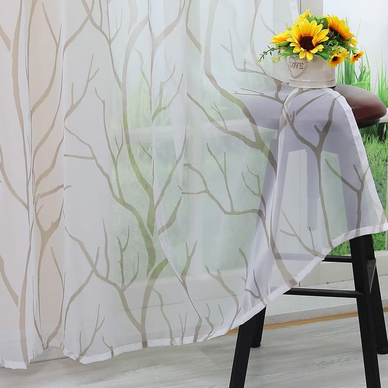 HongYa Átlátszó Voile Függöny Fülekkel - Ágmintás Fényáteresztő Sötétítő 225x140 cm Homok-Fehér Színben, Mosható Poliészter