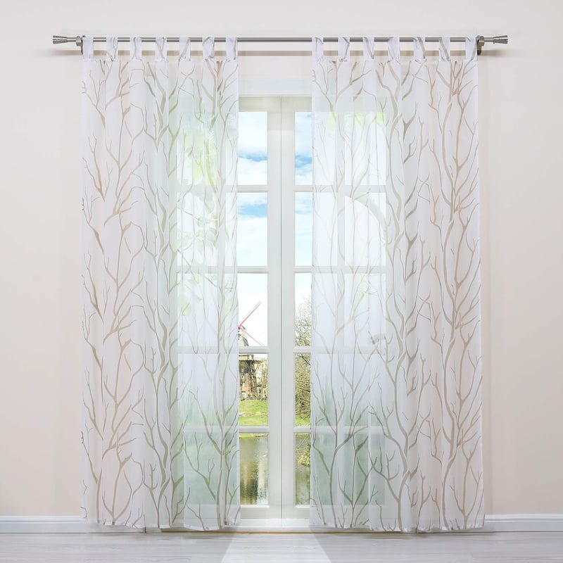 HongYa Átlátszó Voile Függöny Fülekkel - Ágmintás Fényáteresztő Sötétítő 225x140 cm Homok-Fehér Színben, Mosható Poliészter