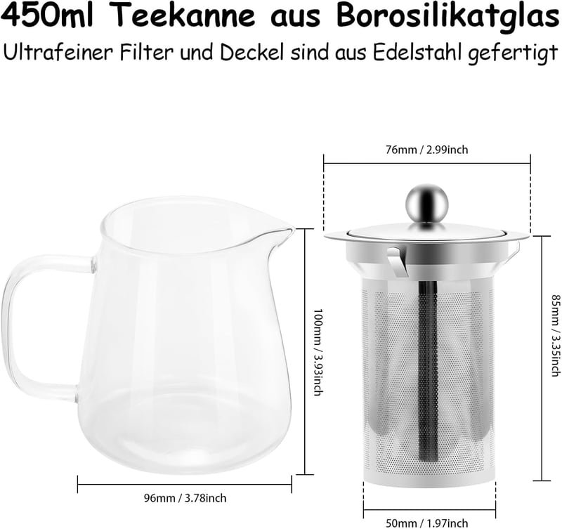 Honneeo Üveg Teáskanna 450ml Rozsdamentes Acél Szűrővel, Hőálló Boroszilikát Teafőző Laza Tea és Virágos Tea Készítéshez
