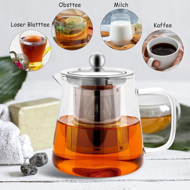 Honneeo Üveg Teáskanna 450ml Rozsdamentes Acél Szűrővel, Hőálló Boroszilikát Teafőző Laza Tea és Virágos Tea Készítéshez