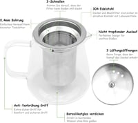 Honneeo Üveg Teáskanna 450ml Rozsdamentes Acél Szűrővel, Hőálló Boroszilikát Teafőző Laza Tea és Virágos Tea Készítéshez 5