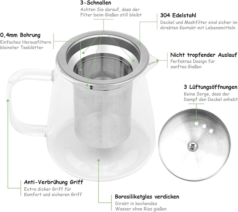 Honneeo Üveg Teáskanna 450ml Rozsdamentes Acél Szűrővel, Hőálló Boroszilikát Teafőző Laza Tea és Virágos Tea Készítéshez