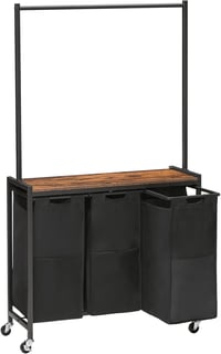 HOOBRO 3 Rekeszes Szennyestartó Kosár Polccal és Szárító Rúddal, 3x42L Oxford Szövet Tárolózsákkal, Vintage Barna/Fekete 1
