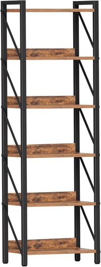 HOOBRO 6 szintes könyvespolc, nyitott polcrendszer, lépcsős szekrény, rustic barna-fekete 1