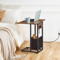 HOOBRO C alakú éjjelisztal töltőállomással, USB portokkal és szövet táskával vintage barna 5