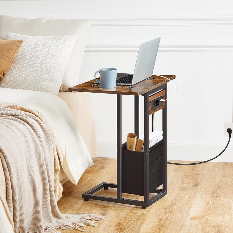 HOOBRO C alakú éjjelisztal töltőállomással, USB portokkal és szövet táskával vintage barna