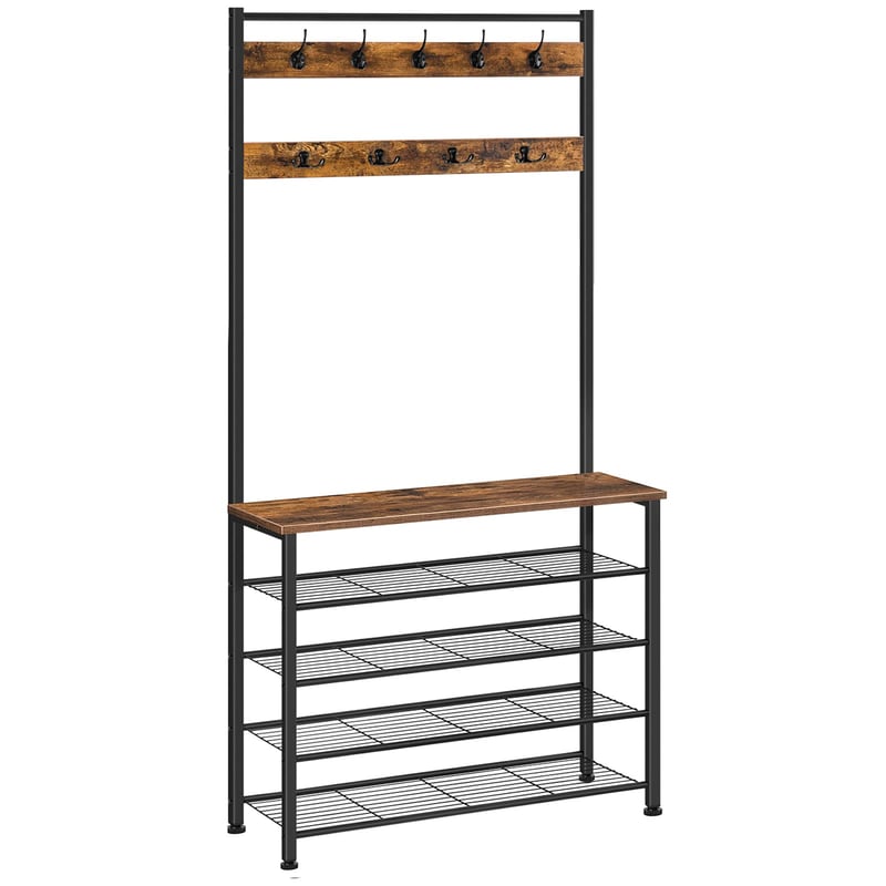 Cuier de hol în stil industrial HOOBRO cu suport pentru pantofi pe 5 niveluri și suport pentru haine, maro vintage-negru, 80x32x190 cm
