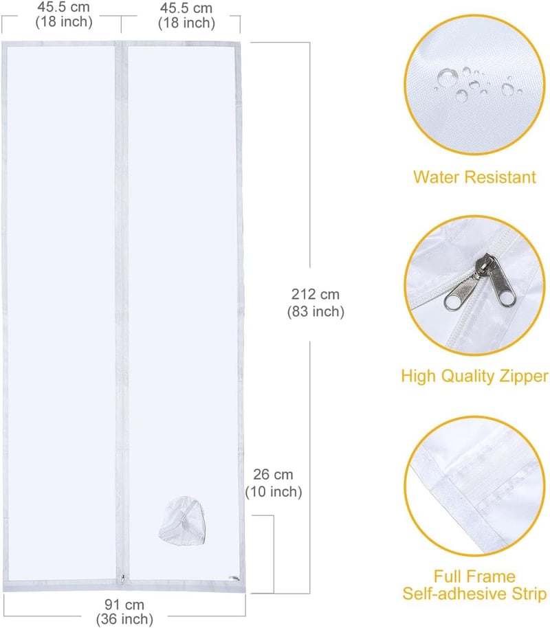 HOOMEE Ajtótömítés Mobil Klímákhoz Kipufogócső Hosszabbítóval, Zipzáras Fehér Tömítőfólia 90x210 cm
