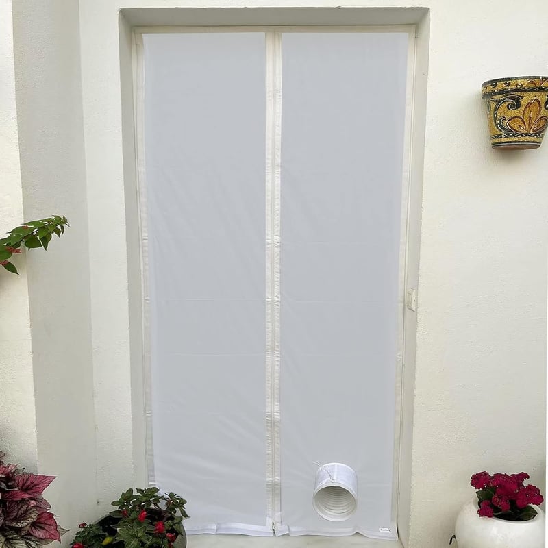 HOOMEE Ajtótömítés Mobil Klímákhoz Kipufogócső Hosszabbítóval, Zipzáras Fehér Tömítőfólia 90x210 cm