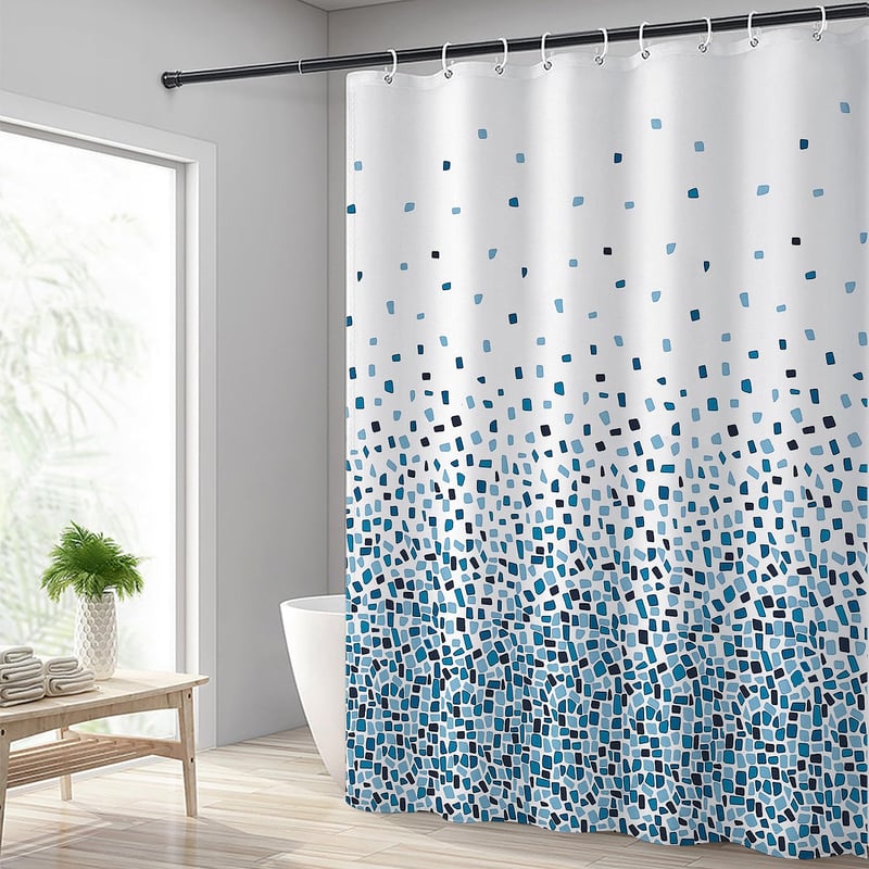 Perdea de duș Hoomtaook 240x200 cm, mozaic albastru, material textil poliester impermeabil, lavabilă, cu 12 inele și bază ponderată