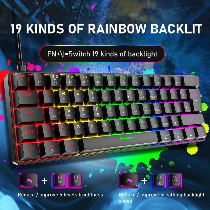 Hoopond 60% Mechanikus Gaming Billentyűzet 62 Gomb + RGB Egér 6400 DPI