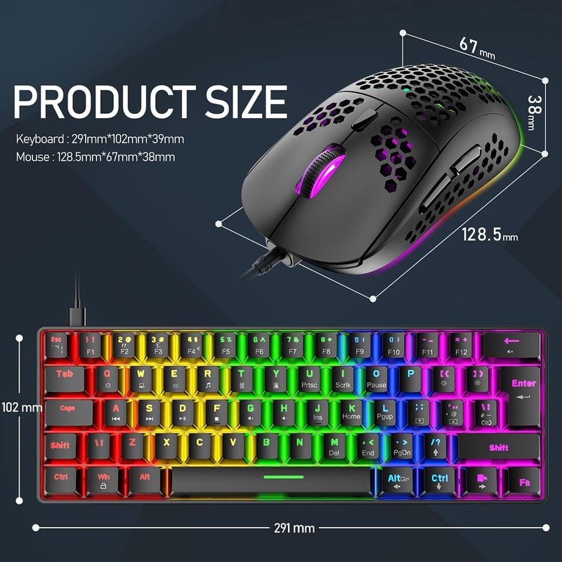 Hoopond 60% Mechanikus Gaming Billentyűzet 62 Gomb + RGB Egér 6400 DPI