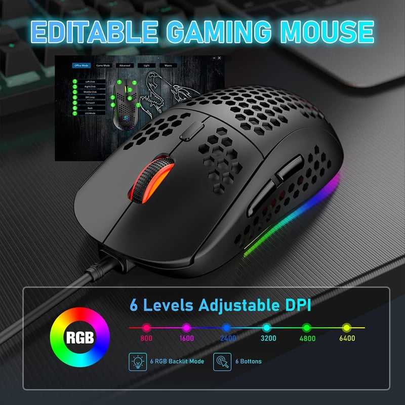 Hoopond 60% Mechanikus Gaming Billentyűzet 62 Gomb + RGB Egér 6400 DPI
