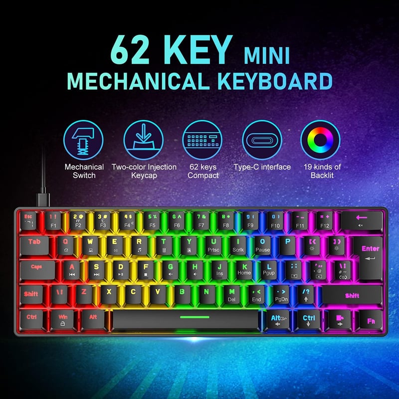 Hoopond 60% Mechanikus Gaming Billentyűzet 62 Gomb + RGB Egér 6400 DPI